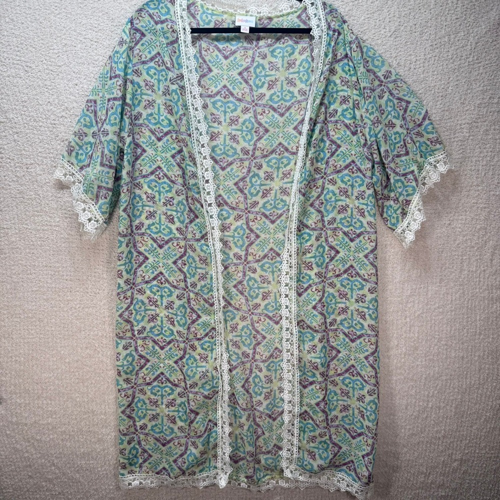 LuLaRoe Kimono Duster Cover Up Lace Trim Bohemian Lightweight Size Small